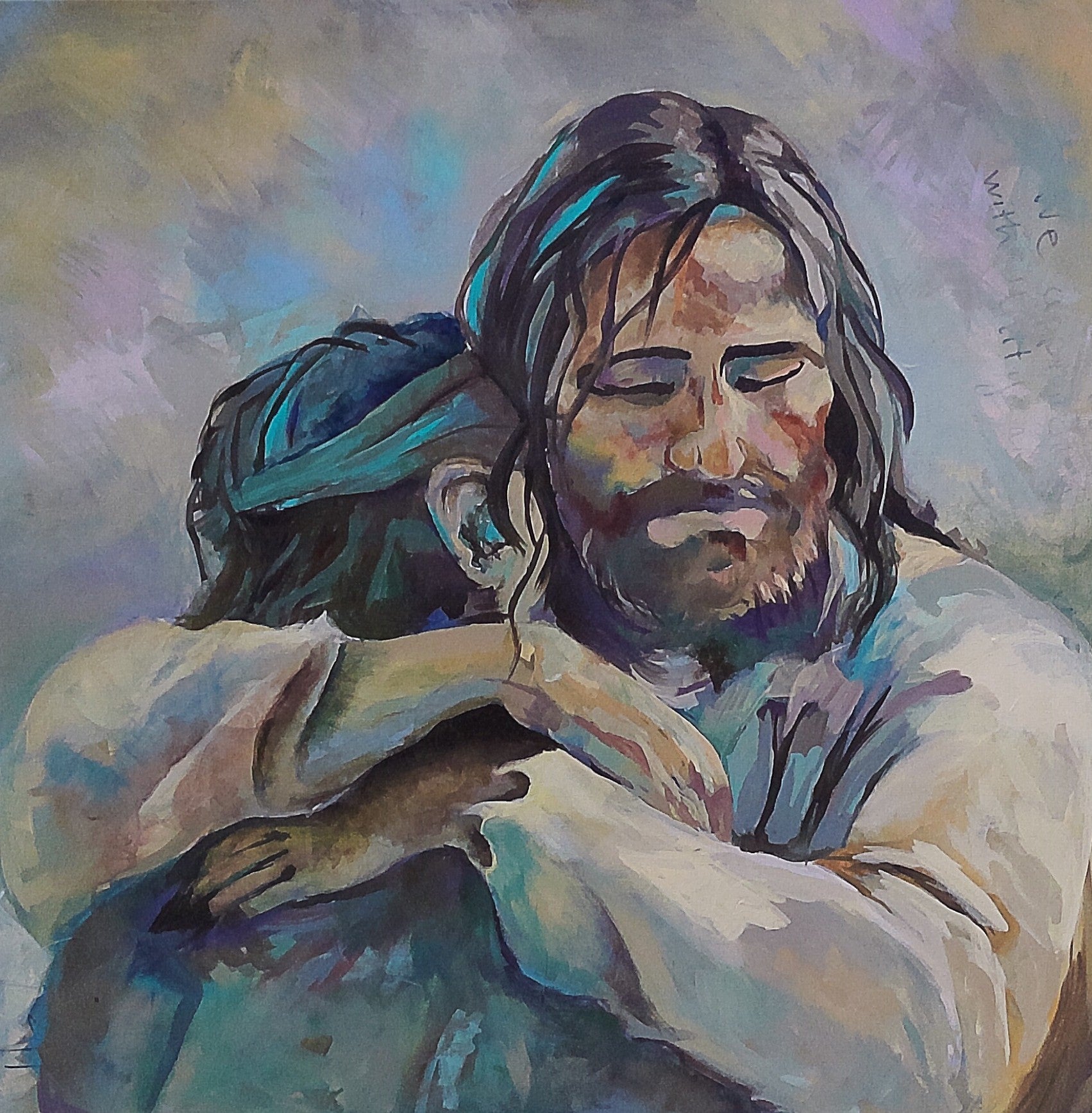 Unconditional - Acrylic painting depicting Jesus embracing someone, representing unity and unconditional love
